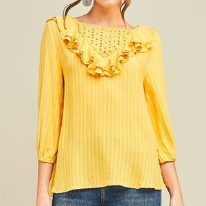 ENTRO Textured stripe boat-neck Ruffle Top Mustard